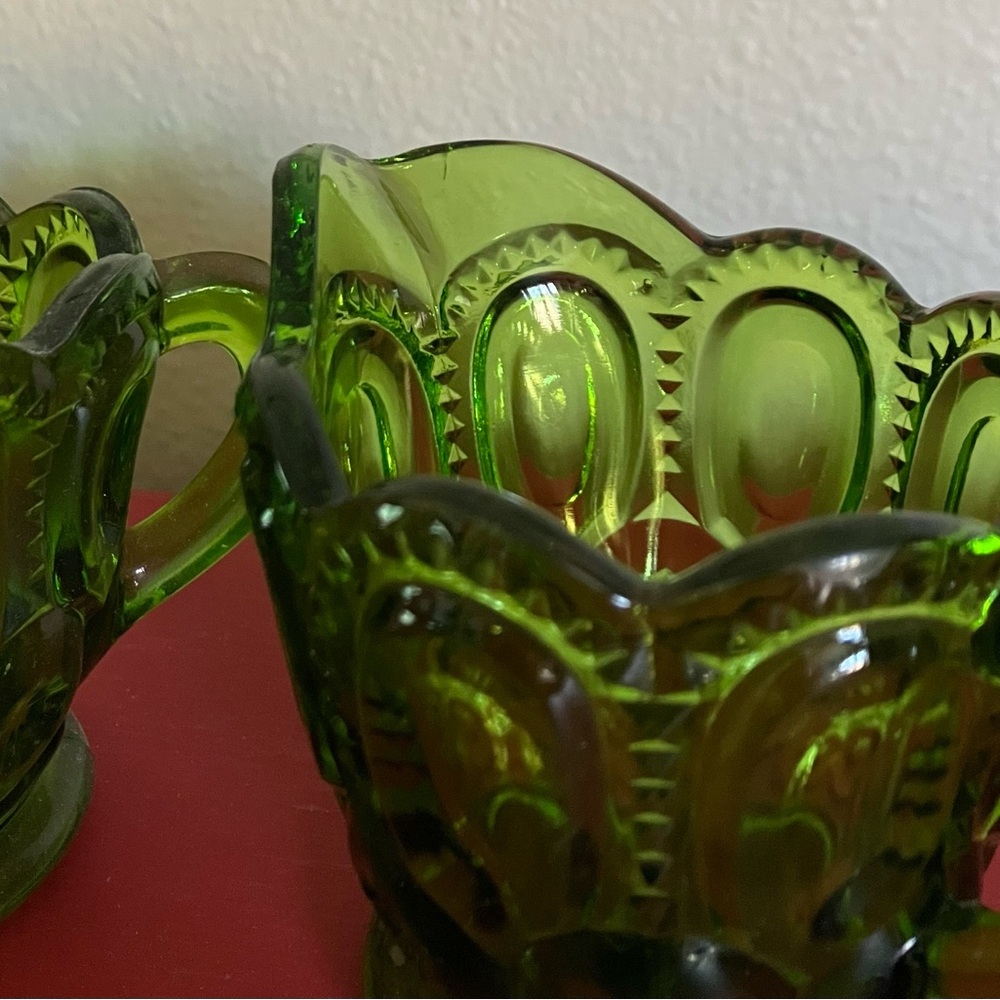 Vintage Avocado Green Glass Creamer and Sugar Set Moon and Stars Pattern - Picture 2 of 7